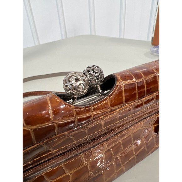 Brighton Vintage Croc Purse Shoulder Bag Brown Snap Flap Front Wallet Crossbody - Picture 3 of 8